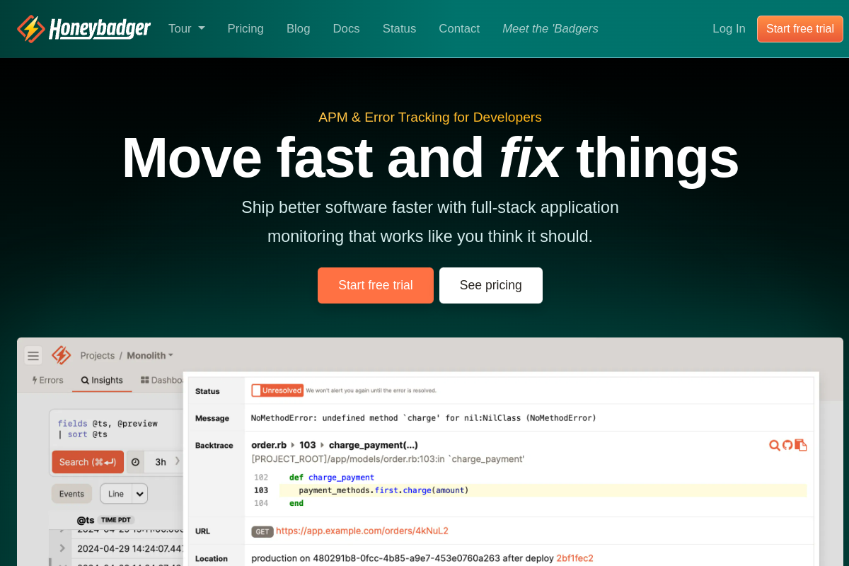 Honeybadger - Error Monitoring Dashboard - Website Screenshot